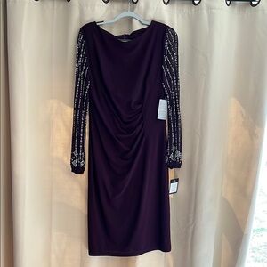 MARINA Purple Sheath Dress with Cowl Neck and Bishop Sleeves